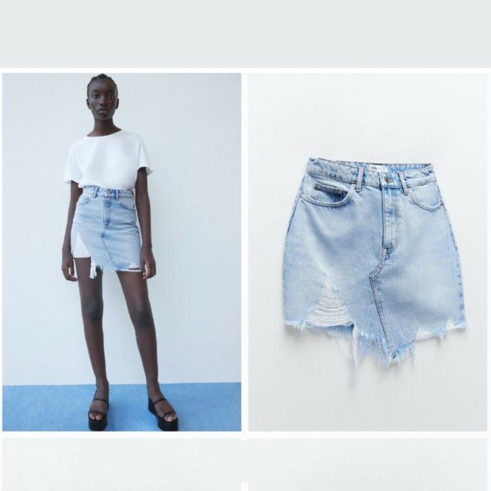 ZARA Ripped Asymmetrical Denim Mini Skirt